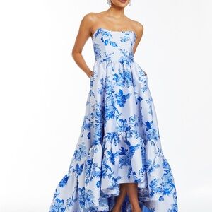 Mestiza New York Georgiana High Low Jacquard Porcelain Blue Maxi Gown Size 4